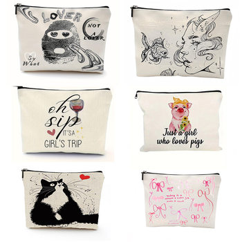 Cross-Border Amazon Women's Cosmetic Bag Cute Pink Pig Storage Bag Linen Waterproof Zipper Bag Waterproof Linen