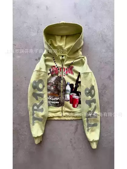 2026 Cross-Border Trade New 3D Digital Print Newspaper Graffiti Hoodie Zip-Up Pullover, Distressed Heavy-Work Loose Fit