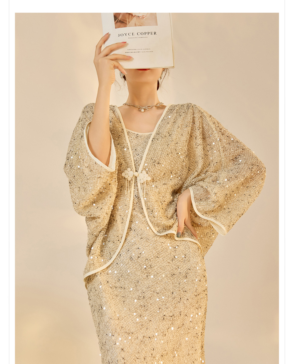 Bộ đầm dài kèm áo khoác ngoài đính sequin thêu nổi bật — Áo khoác (giao hàng trong 7 ngày), Áo khoác (vận chuyển trong cùng ngày), Váy yếm (giao hàng trong 7 ngày), Váy yếm (giao hàng trong ngày)