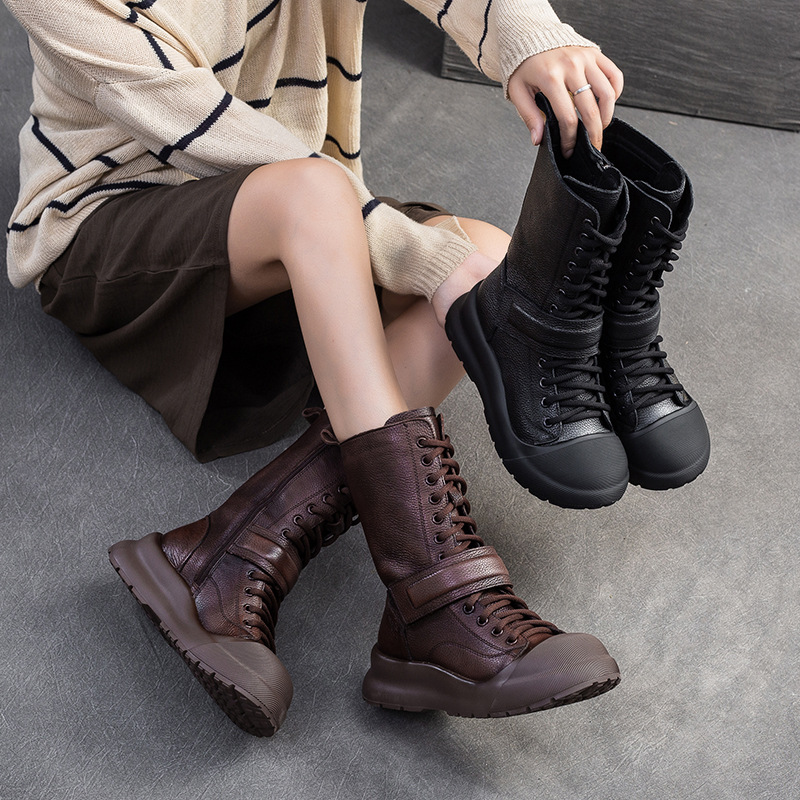 Giày Boot Martin Nữ Chất Liệu Da Bò Hàng Mùa Xuân Thu Đông Phục Cổ Cổ Điển