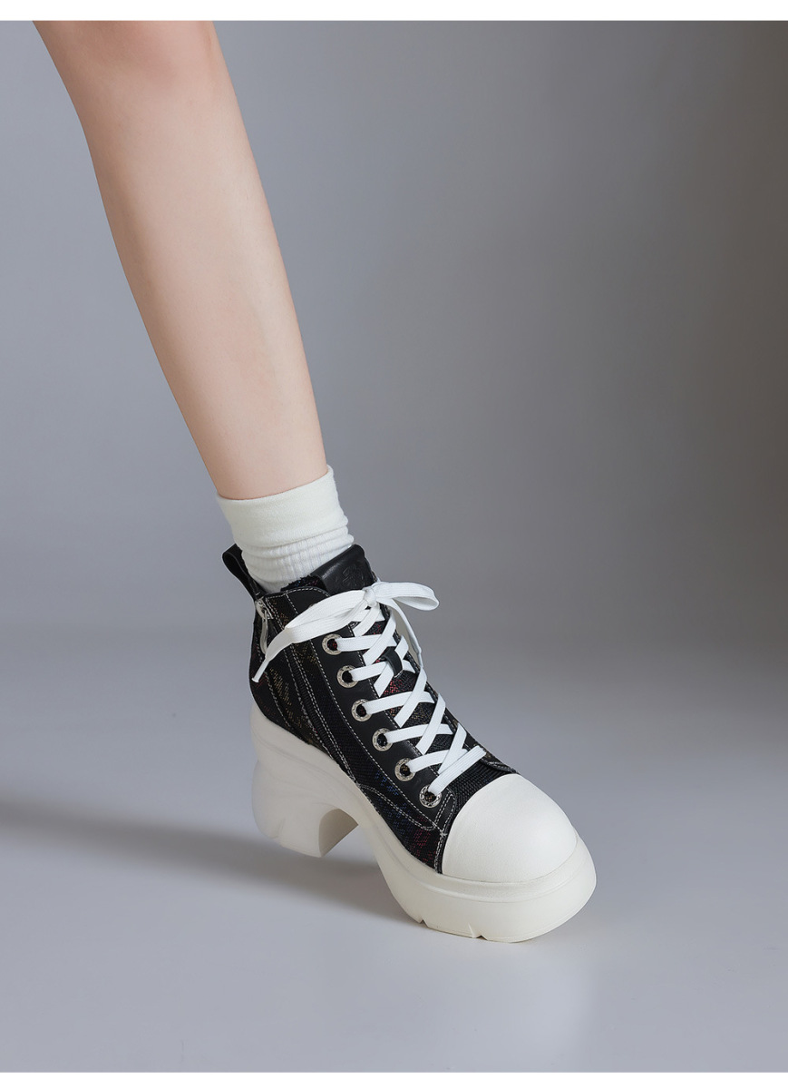 Boot nữ cổ ngắn tăng chiều cao 10cm gót thô đế dày phối màu — Lót nhung họa tiết hoa trắng đen, Lót nhung màu trắng đen, Màu hoa văn trắng đen, lót đơn, Màu trắng đen trơn, lót đơn
