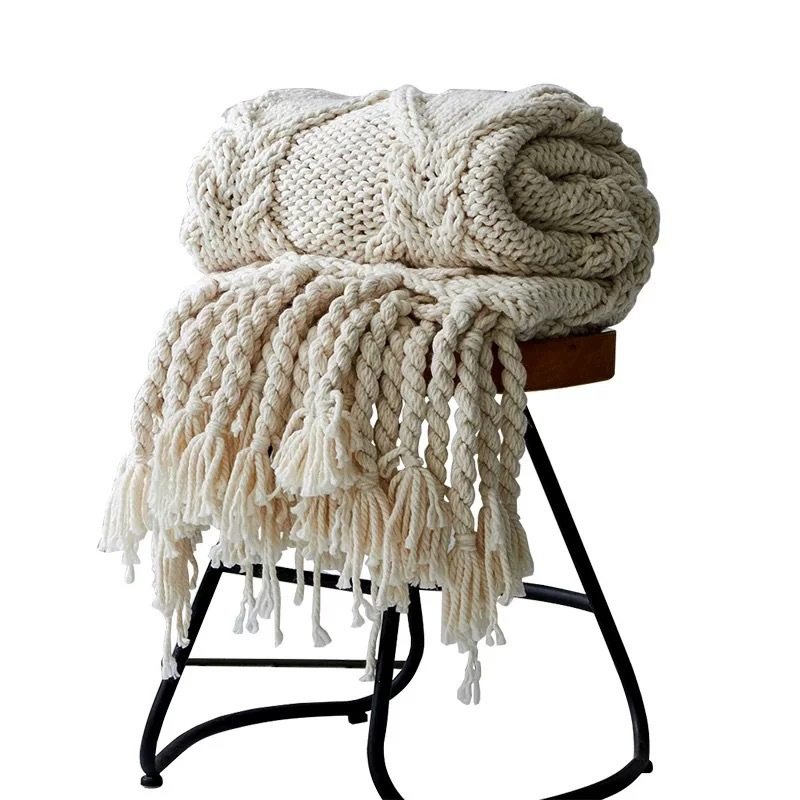 Niche Hand-Knitted Thick Woolen Thread Nordic Tassel Ins Blanket Bedroom Blanket Sofa Blanket