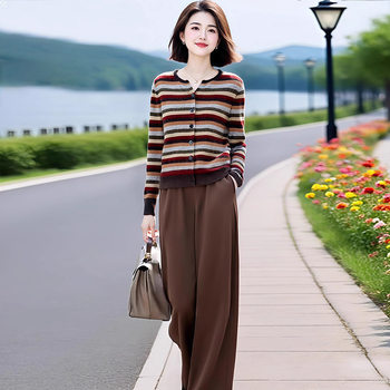 Contrast Color Striped Round Neck Knitwear for Middle-Aged and Elderly Women in Spring and Autum Loose Slimming Look Tops Elastic Waist Straight Pants Suit