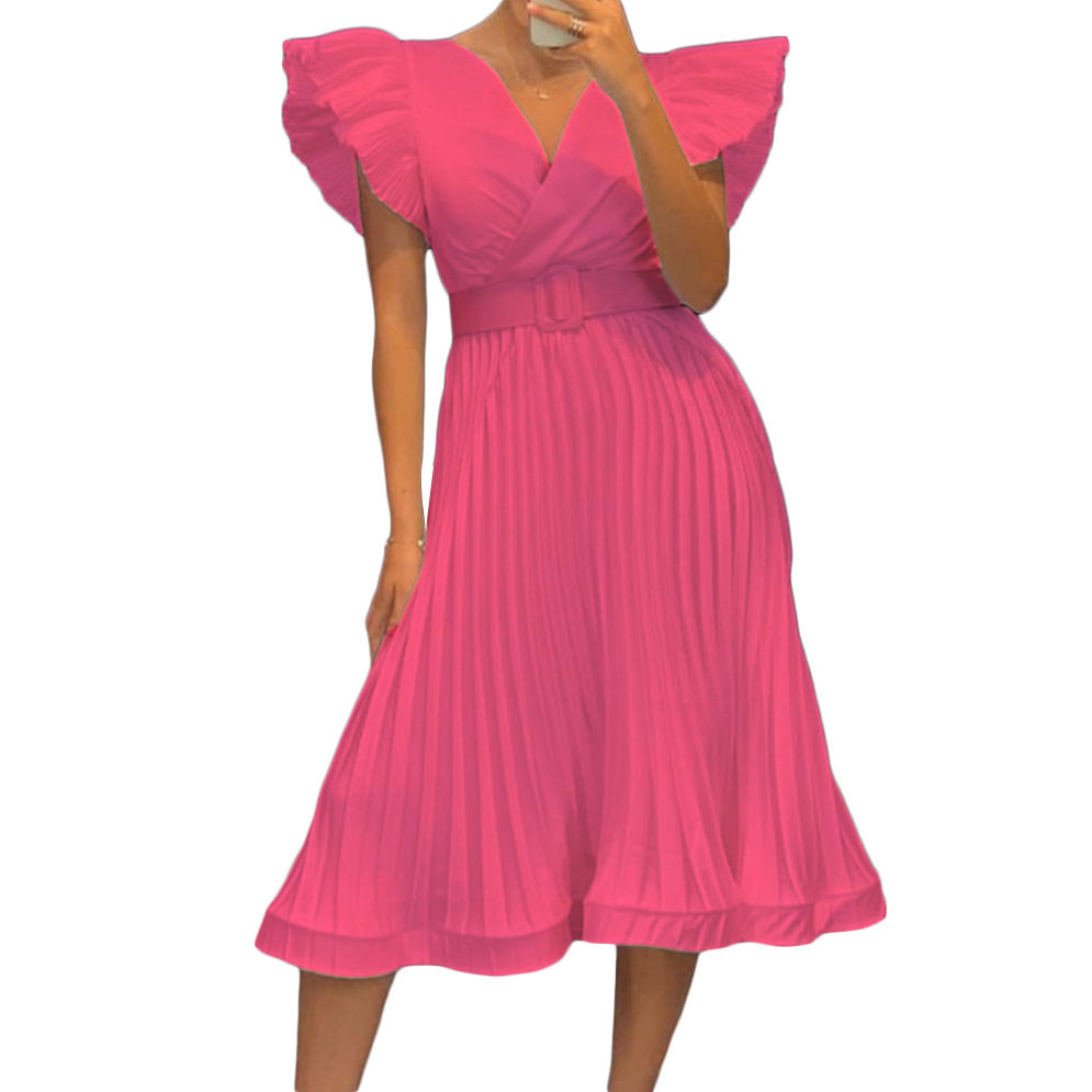 Womens V Neck Pleated Dress with Flutter Sleeves Elegant Design Belt Included Perfect for Parties and Events