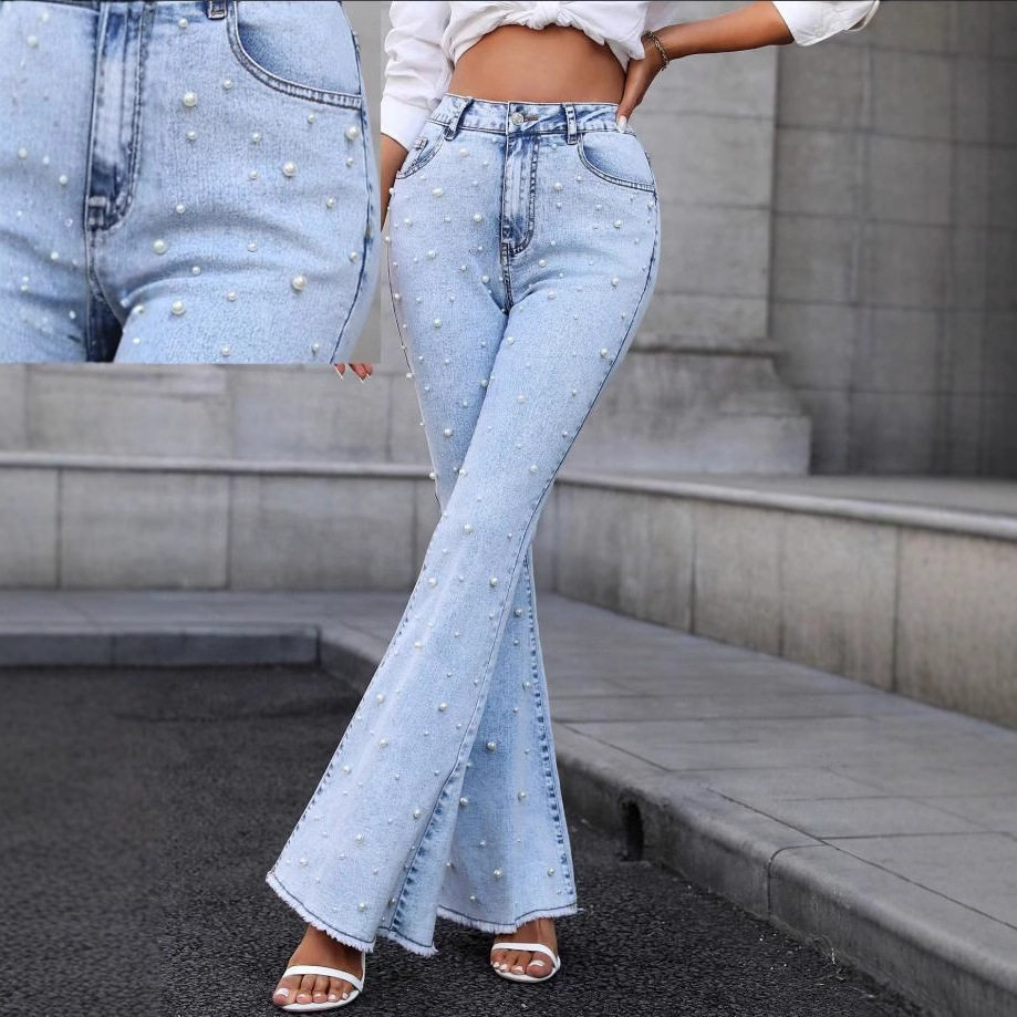 Womens Stretchy Flared Pearl Studded Denim Jeans Versatile Casual Style Perfect for Everyday Wear Wholesale Available