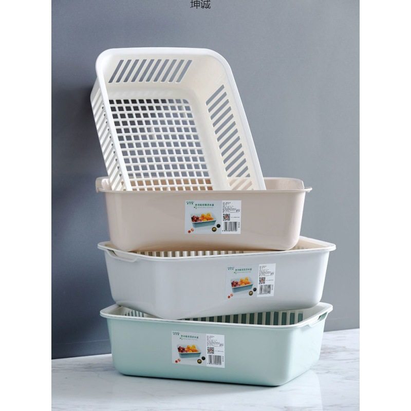Kitchen Vegetable Washing Basket Oversized Double-Layer Plastic Frame Screen Hollow Fruit Storage Basket Draining Basket Fruit Basket Vegetable Washing Basket