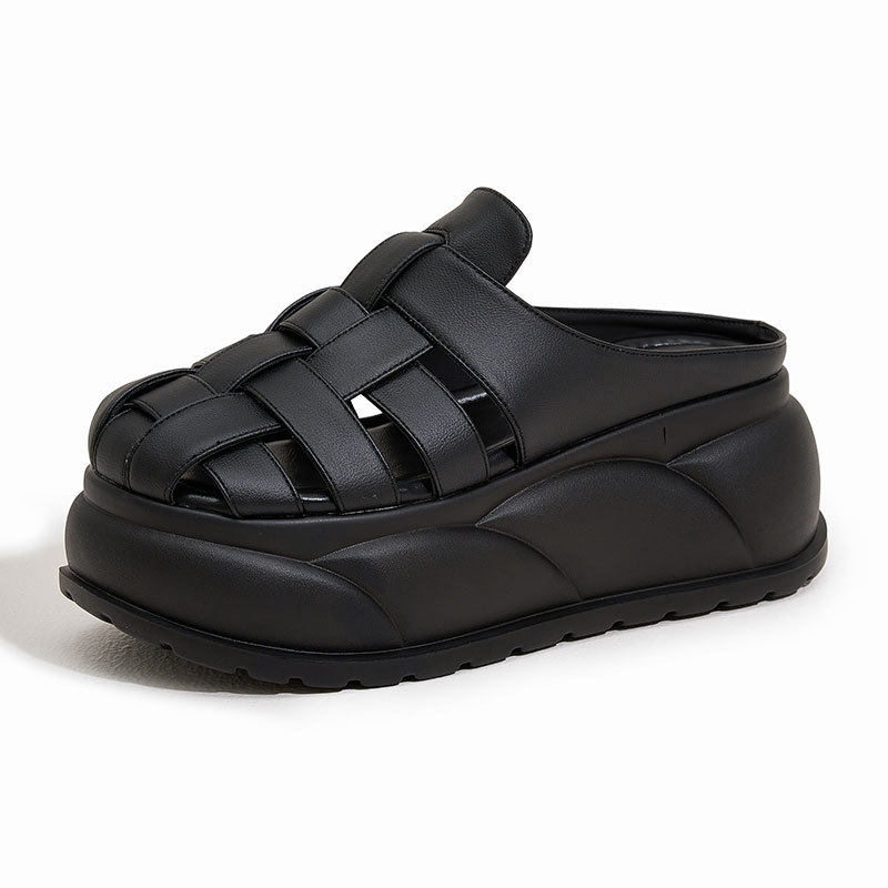 Dép sandal nữ xỏ ngón đế bệt đan sợi phong cách La Mã — Đen, Len nguyên chất