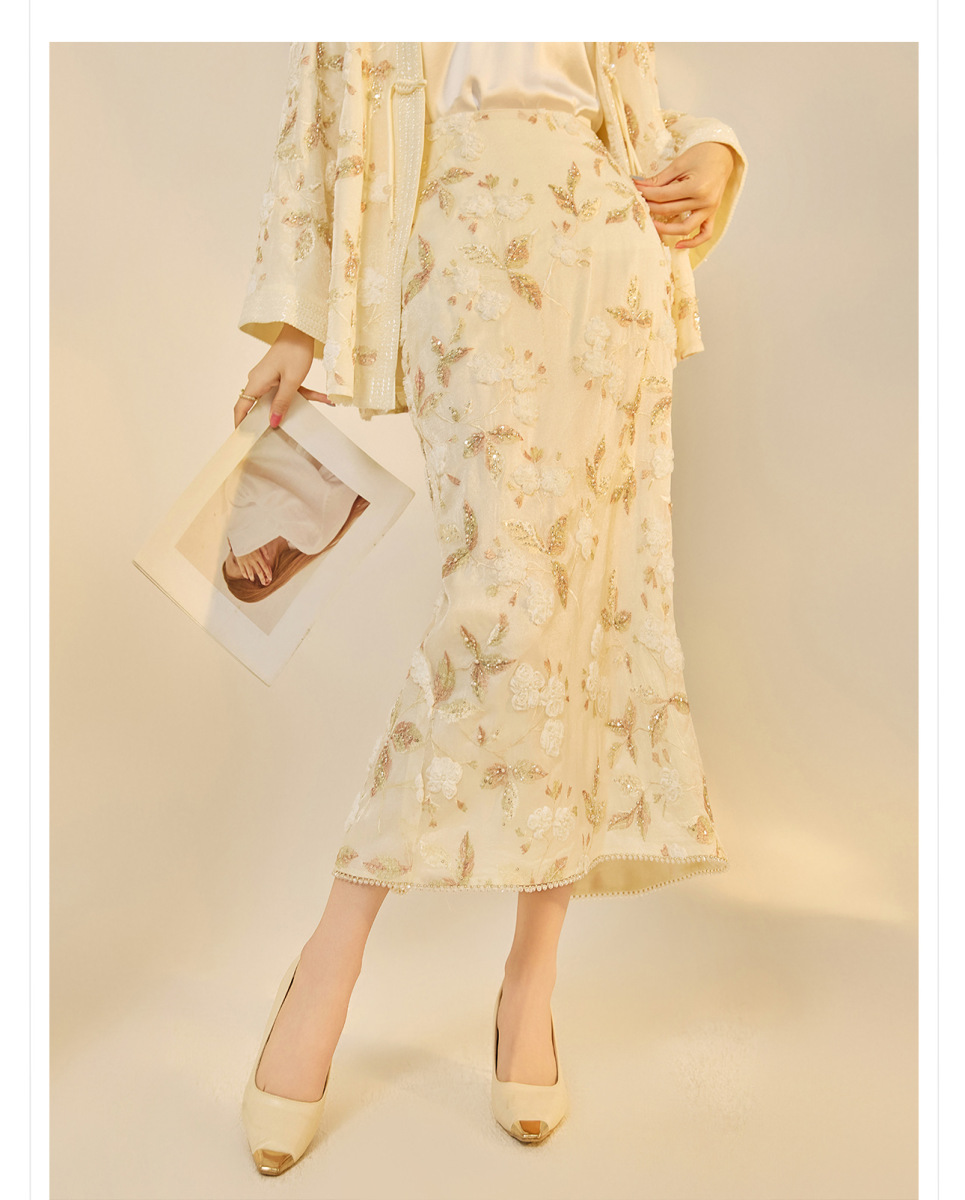 Bộ áo khoác dài tay thêu đính cườm kèm chân váy chữ A dáng dài — váy, Áo Khoác