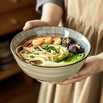 Japanese Ceramic Noodle Bowl Household Vegetable Bowl Soup Bowl Restaurant Ramen Bowl Creative Line Bowl Round Large Bowl Tableware Wholesale