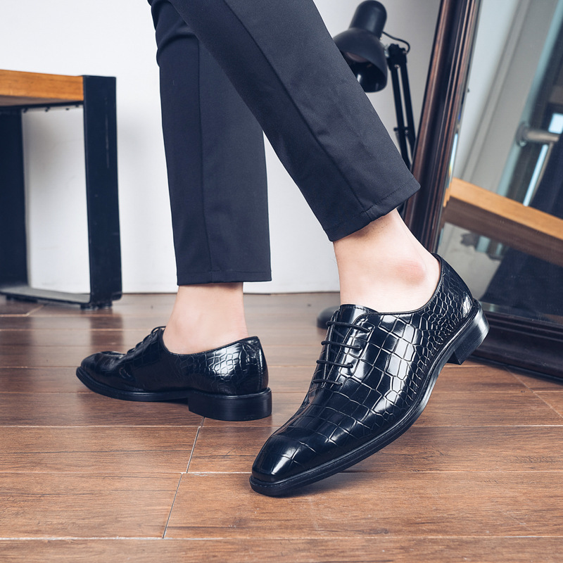 Giày da nam mũi vuông họa tiết cá sấu bóng, giày công sở lịch lãm đi tiệc và cưới — Rượu vang đỏ phong cách phương Tây, Màu đen, Màu xanh hải quân