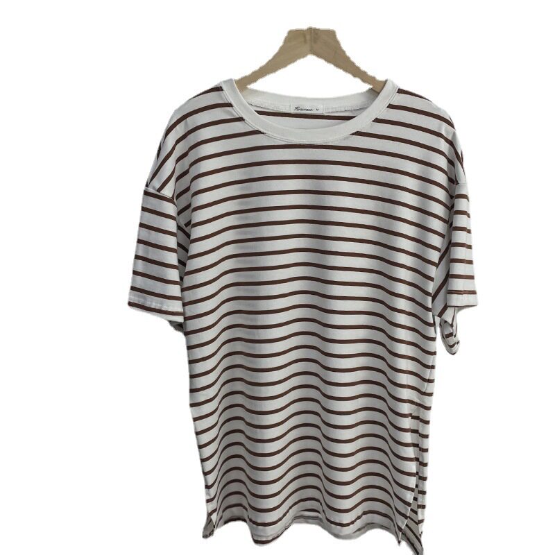 Striped Split Hem T Shirt for Women Loose Fit Short Sleeve Summer Style Casual Wear Wholesale Available