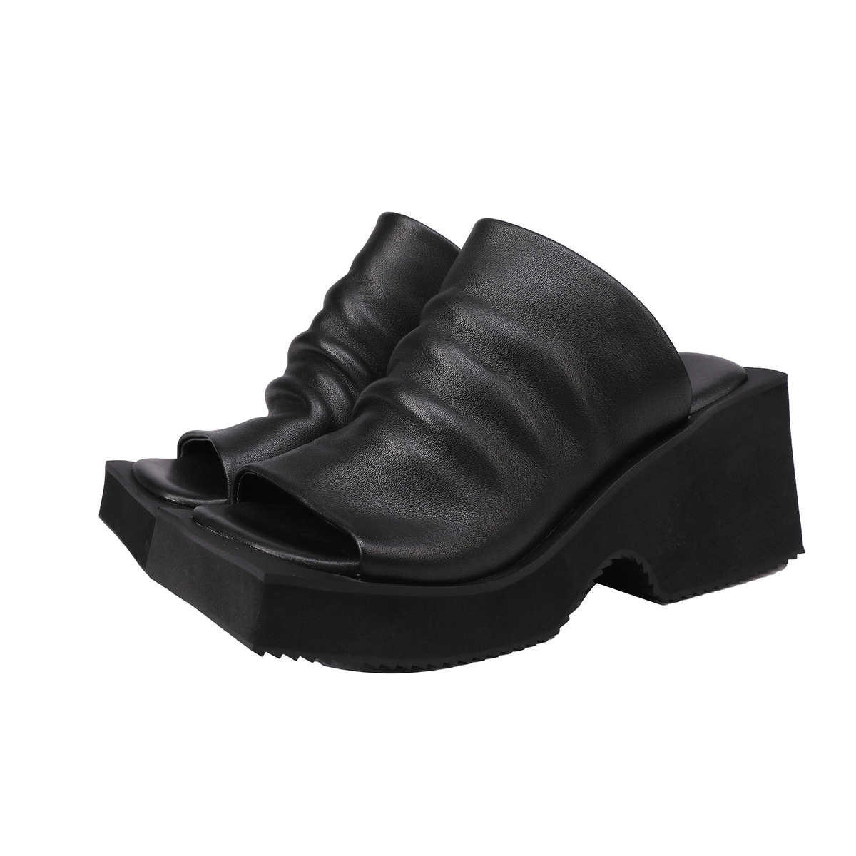 Dép sandal nữ quai ngang da bò thật mũi vuông đế EVA êm chân phong cách retro — màu đen, Màu nâu