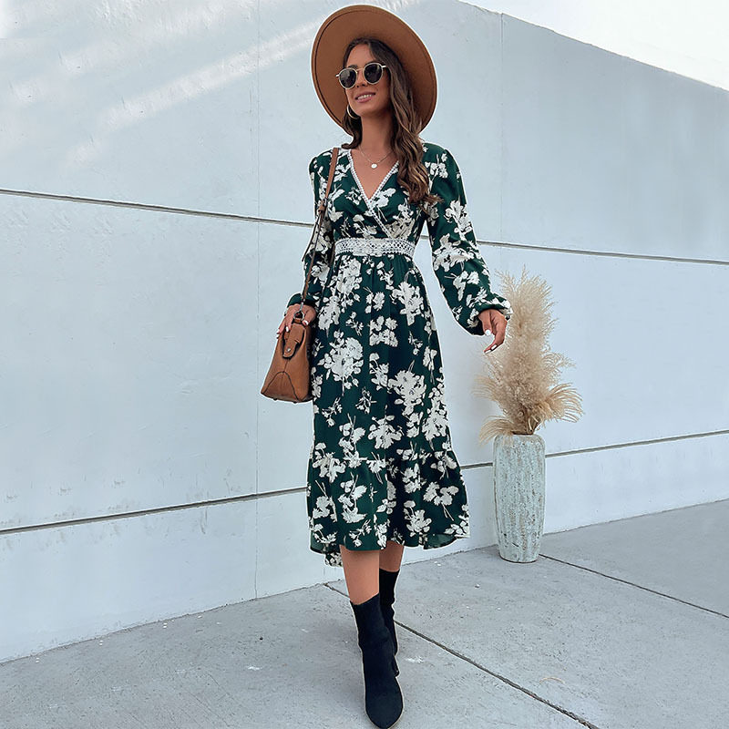 High End Womens Dress Green Floral Print V Neck Long Sleeve Spring Fall Fashion Wholesale Available