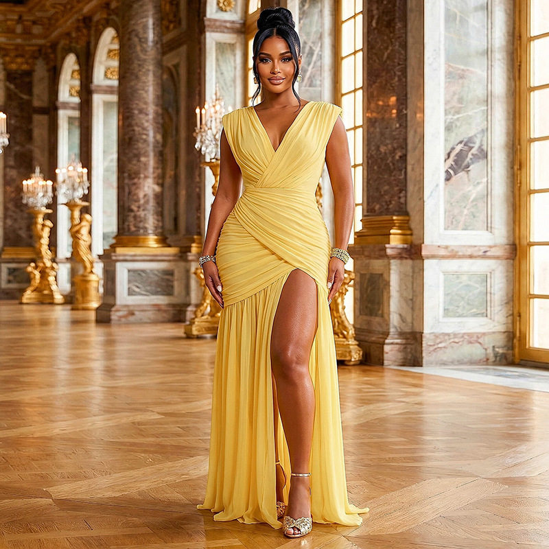 Fashionable Solid Color Womens V Neck Sleeveless Split Ruched Long Dress Slim Fit Elegant Style Perfect for Parties