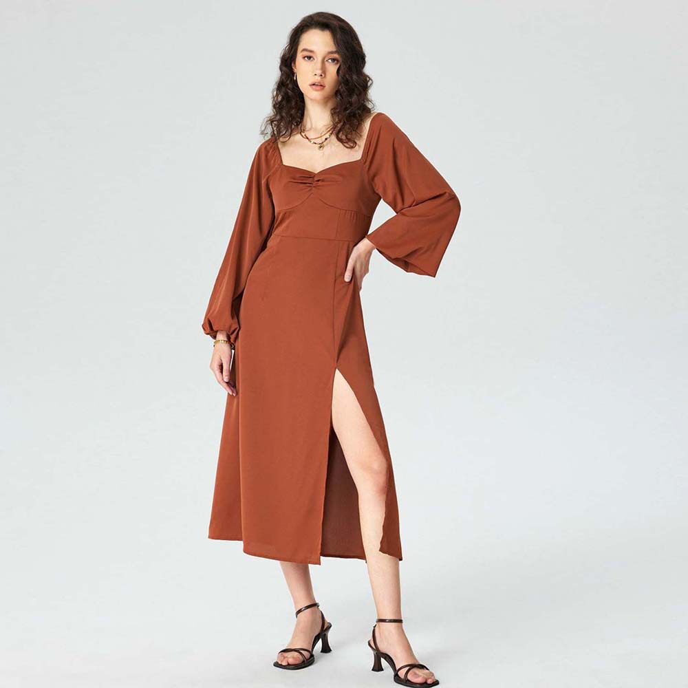 Elegant Midi Dress Square Neck Split Hem Autumn Winter French Style Perfect for Sophisticated Occasions Wholesale