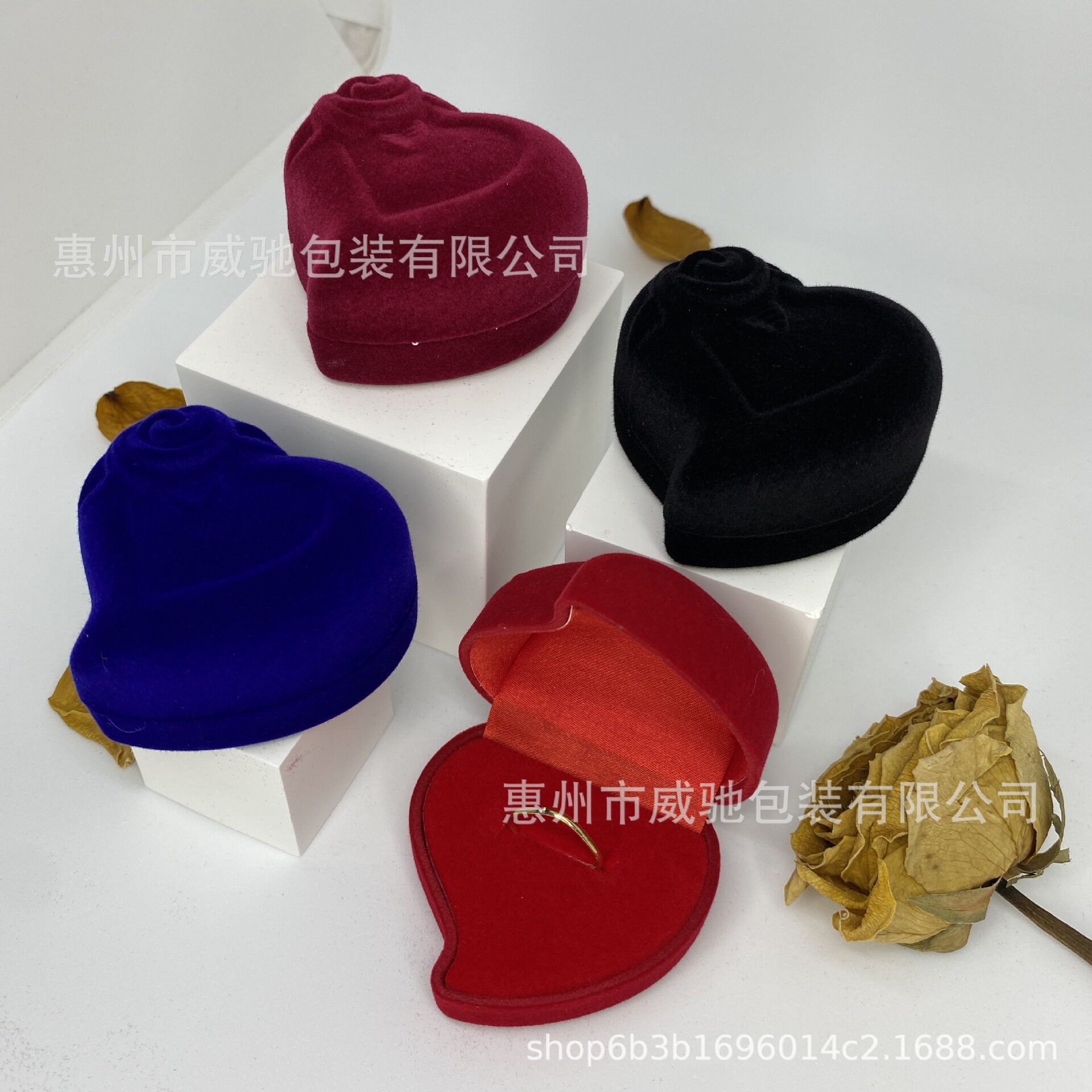Heart-Shaped Flocking Box Ring Box Tilted Heart-Shaped Rose Flower Double Ring Slot Jewelry Box Red Flocking Packaging Box Jewelry