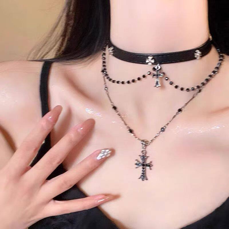 Diablo Original Sweet Cool Hot Girl Style Cross Necklace Women's Gothic Style Punk Multi-Layer Clavicle Chain Neck Strap Fashion