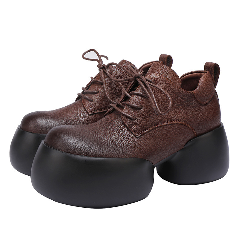 Boot Martin nữ da bò thật cổ ngắn gót thô buộc dây — Màu nâu đậm