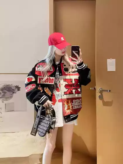 Park Jae Fan Wang Jiaer Same Style Baseball Suit Spring and Autumn Loose Heavy Industry Embroidered Couple's Hip Hop Jacket for Men and Women