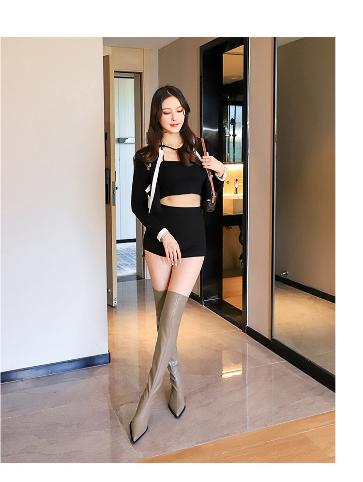 Boot nữ cổ cao quá gối gót vuông mũi nhọn phong cách thanh lịch — Màu cà phê, Màu đen, Màu Kaki