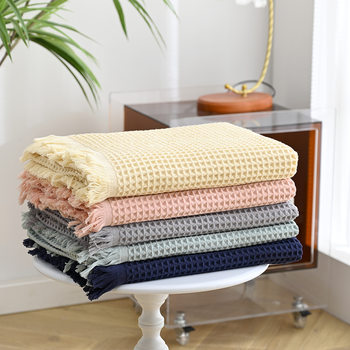 Class a Pure Cotton Shawl Blanket Waffle Sofa Blanket Office Lunch Blanket Cotton Blanket Wholesale Woven Blanket Yarn-Dyed
