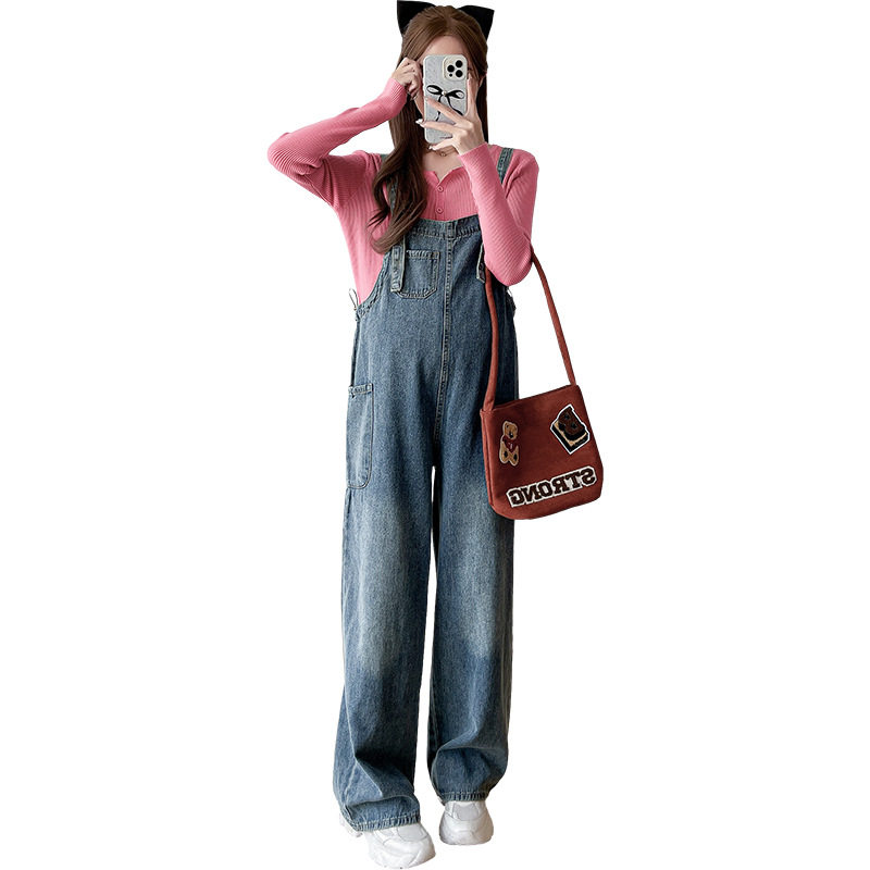 Real shot maternity clothing new style suspenders temperament drawstring pregnant women Denim suspenders knitted solid color bottoming shirt suit