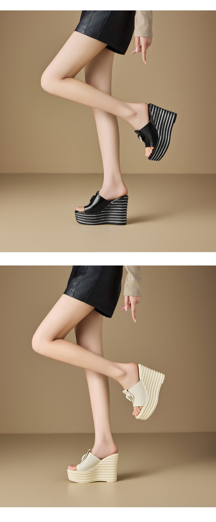 Dép sandal nữ quai chữ V da thật đế xuồng cao 12 cm — [Trắng kem], [Đen] chi tiết 5