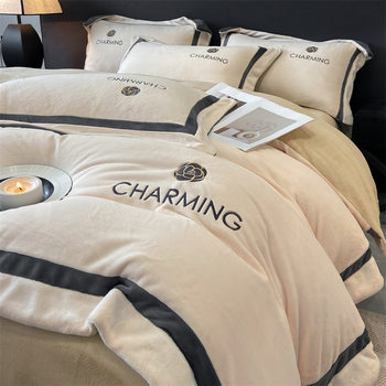 High-End Milk Velvet Four-Piece Winter Double-Sided Thickened Warm Coral Velvet Light Luxury Bed Bed Sheetss and Quilt Covers Wholesale
