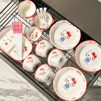 Hellokitty Ceramic Bowl Household Cartoon Ceramic Tableware High-Value Dishes, Plates, Chopsticks and Spoons Free Combination Set
