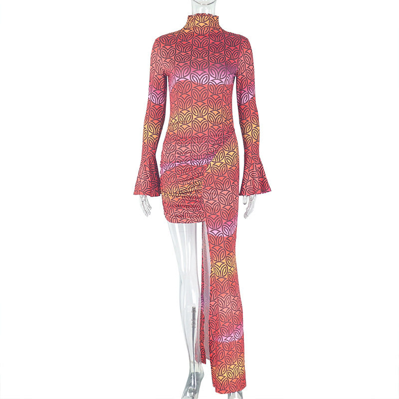 Bodycon Ruched Floral Dress High Neck Irregular Hem Trendy Style Perfect for Parties and Night Out Wholesale