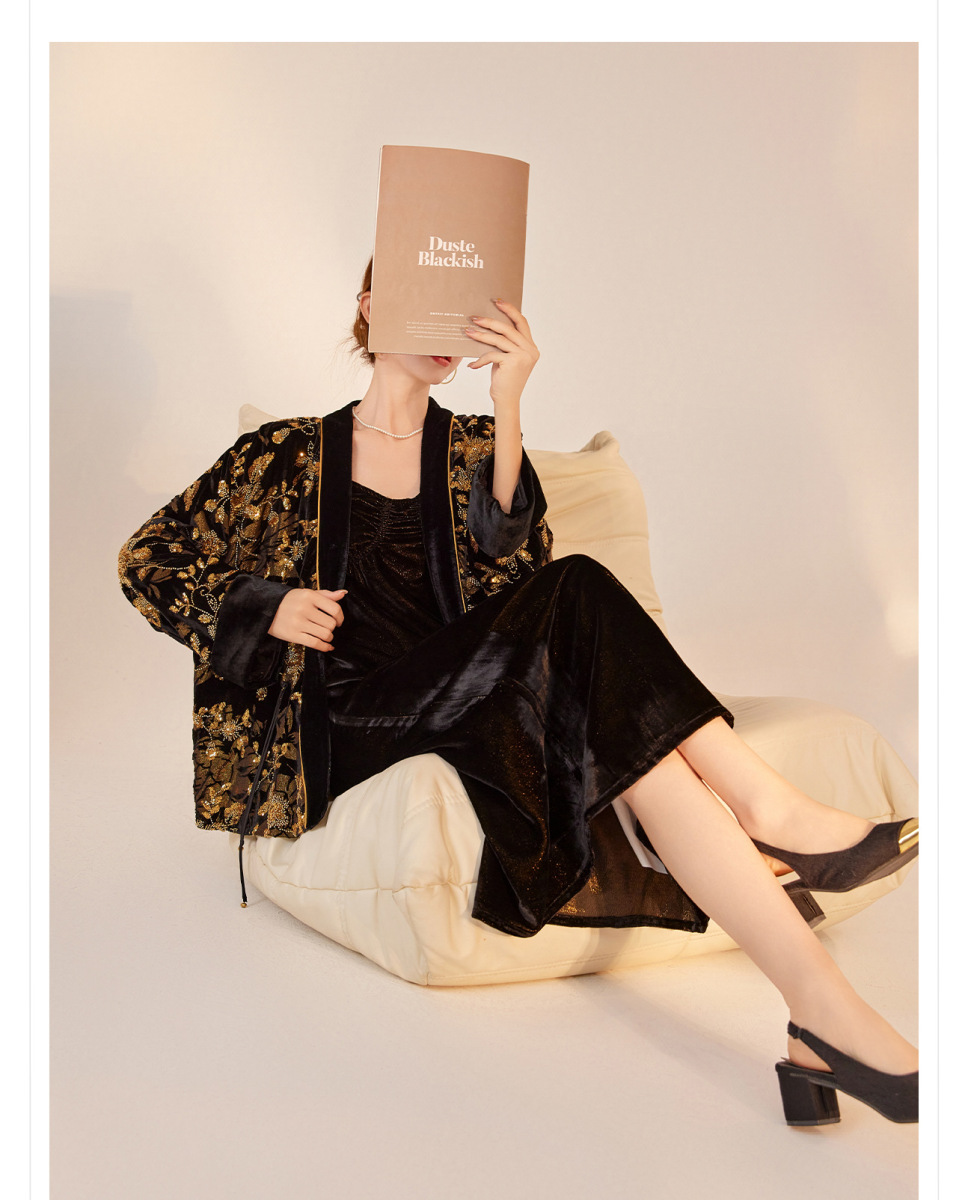 Áo cardigan nữ cổ chữ V dài tay thêu hoa đính cườm chất lụa tơ tằm cao cấp — Obsidian Black (Giao hàng trong 7 ngày)