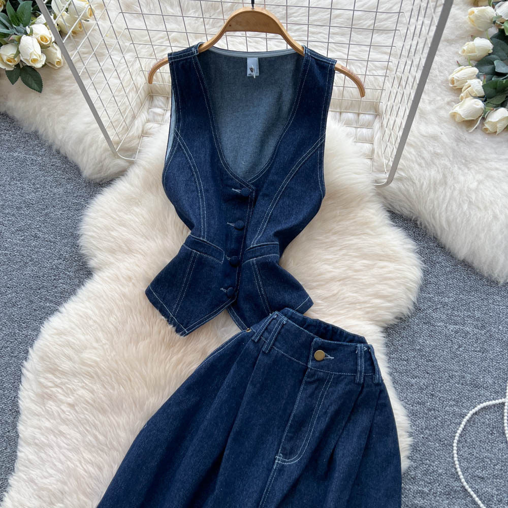 Retro Womens Two Piece Set Deep V Sleeveless Denim Shirt High Waisted Slim Fit Trousers Autumn Fashion Wholesale