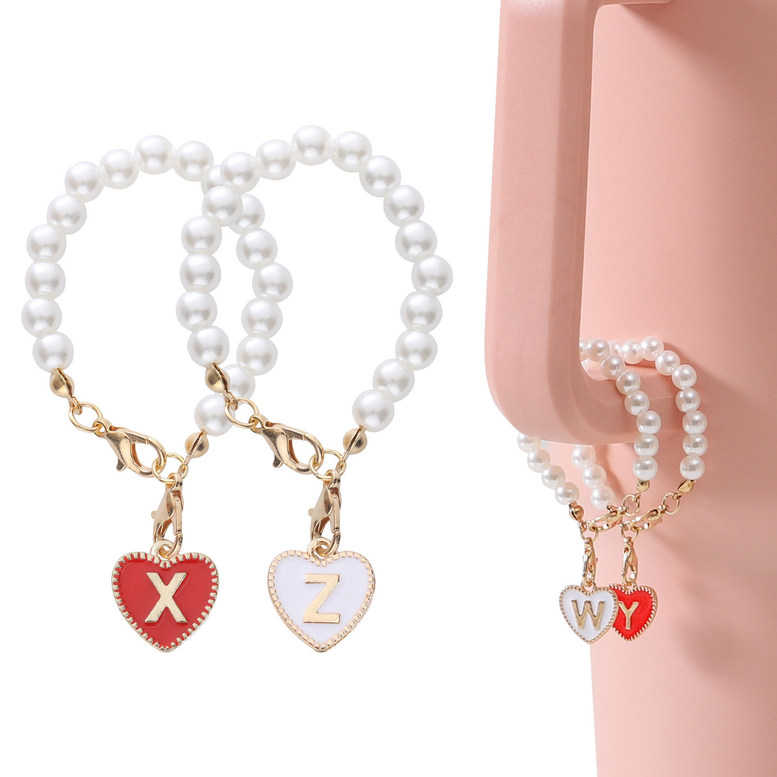 Cross-border keychain si tamli Cup accessories Pearl Chain love chain with lobster buckle hanging 26 English letters