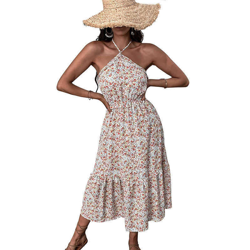 Floral Print Halter Dress Elegant Slim Fit Summer Style Perfect for Vacations and Casual Outings Wholesale Available