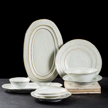 Ceramic Tableware Japanese Style Stoneware Creative Ceramic Soup Bowl Long Plate Salad Household Simple Set Red and Black Plate Vintage Bowl