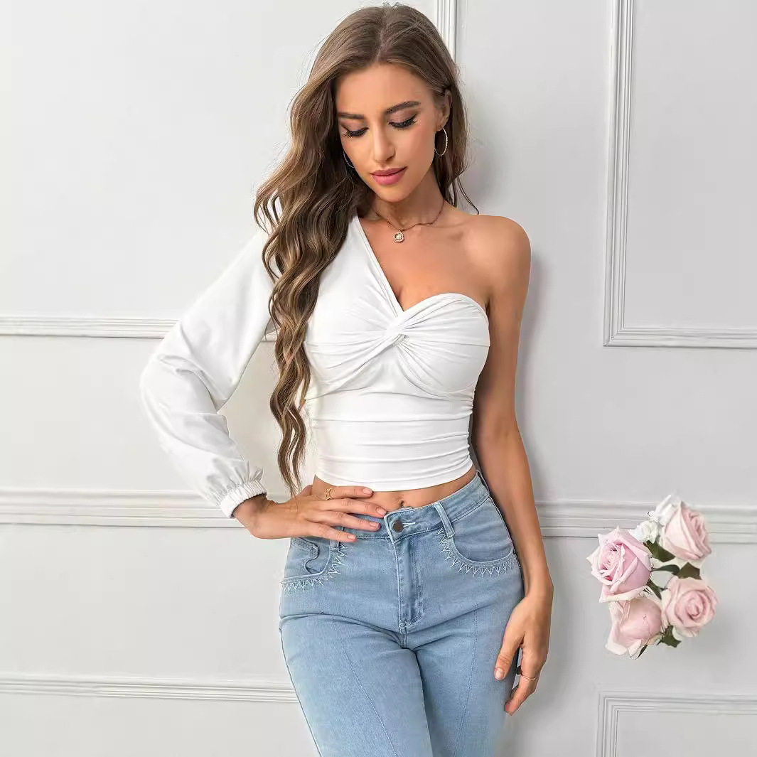 Unique Design Womens T Shirt Asymmetrical Cut Long Sleeve Casual Style Spring Summer Collection Wholesale Available