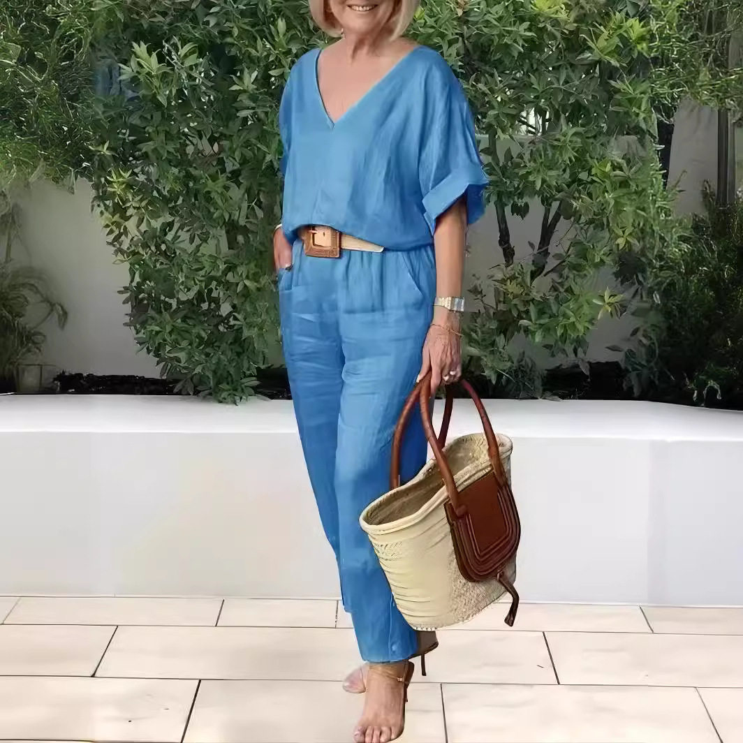 2025 European and American Cross-Border Amazon Independent Station Women's Fashion Casual Summer Multi-Color V Neck Loose Cotton and Linen Suit