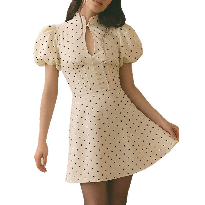 Spring Womens Dress Fashionable Polka Dot Hollow Out Waist Cinching Puff Sleeve Casual or Party Wear Wholesale