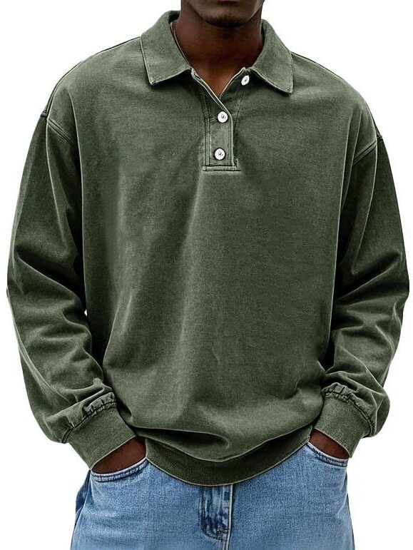 2025 新款跨境亚马逊速卖通春夏季男装长袖POLO衫纯色套头纽扣T恤