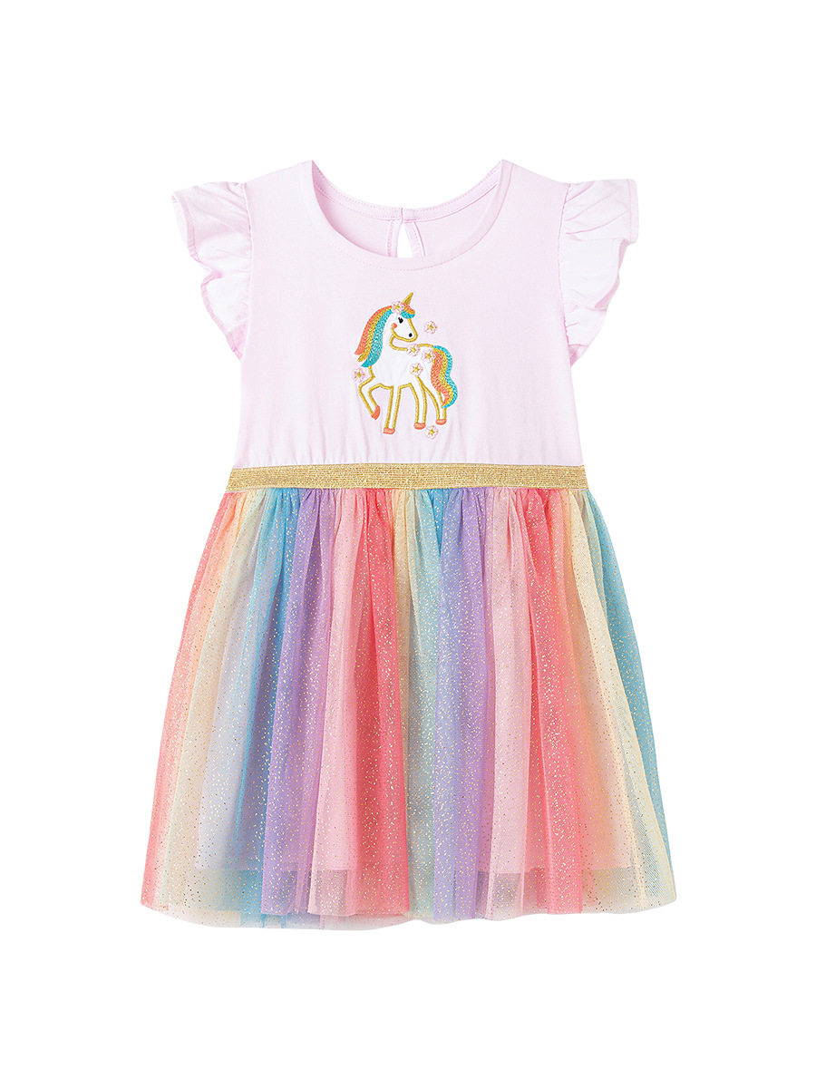 Custom-made Cartoon Tulle Girls' Skirt, Summer Short-sleeve Dress, Cotton Applique Kids' Dress