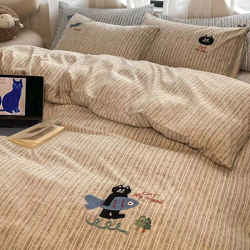 New four seasons ecological cotton and linen embroidery four-piece bed sheet-small black cat cartoon ins wind student three-piece set