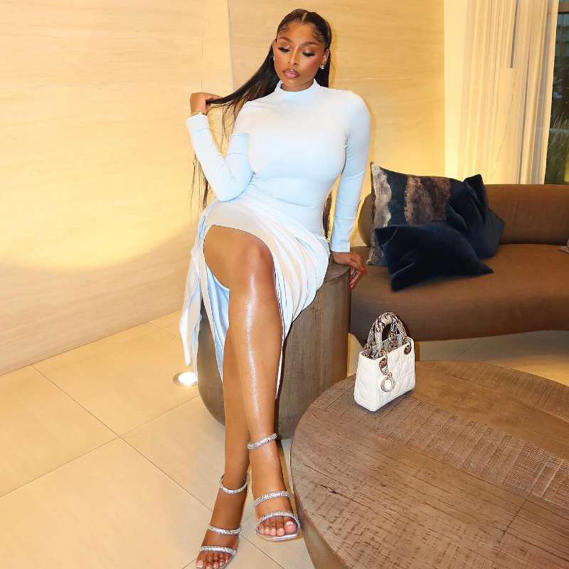 Slim Fit Solid Color Midi Dress for Women Elegant Style Ruffled Details Round Neck Long Sleeve Perfect for Casual