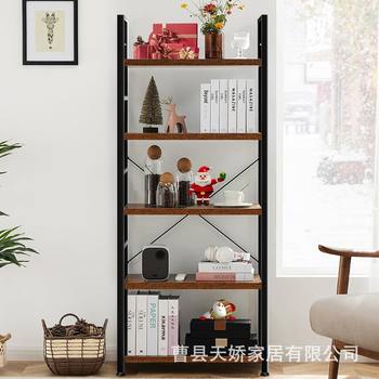 American-Style Wrought Iron Storage Rack, Solid Wood Display Rack, Multi-Layer Creative Assembly Storage Rack for Living Room, Natural Wood Floor-Standing Bookshelf