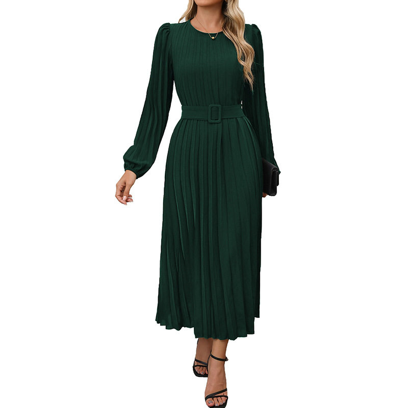 Elegant Vintage Long Sleeve Pleated Dress Solid Color Office Wear Autumn Style Wholesale Available