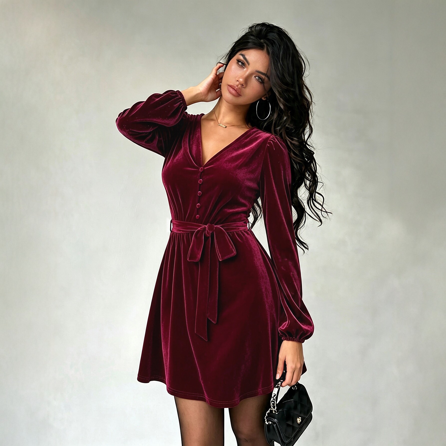 V Neck Velvet Dress for Women Tie Waist Slim Fit Puff Sleeves A Line Short Skirt Perfect for Parties and Events