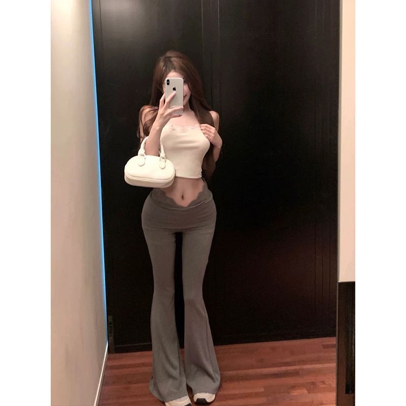 High Waisted Flared Casual Pants Lace Paneling Slim Fit Lightweight Fabric Autumn Fashion for Women Wholesale