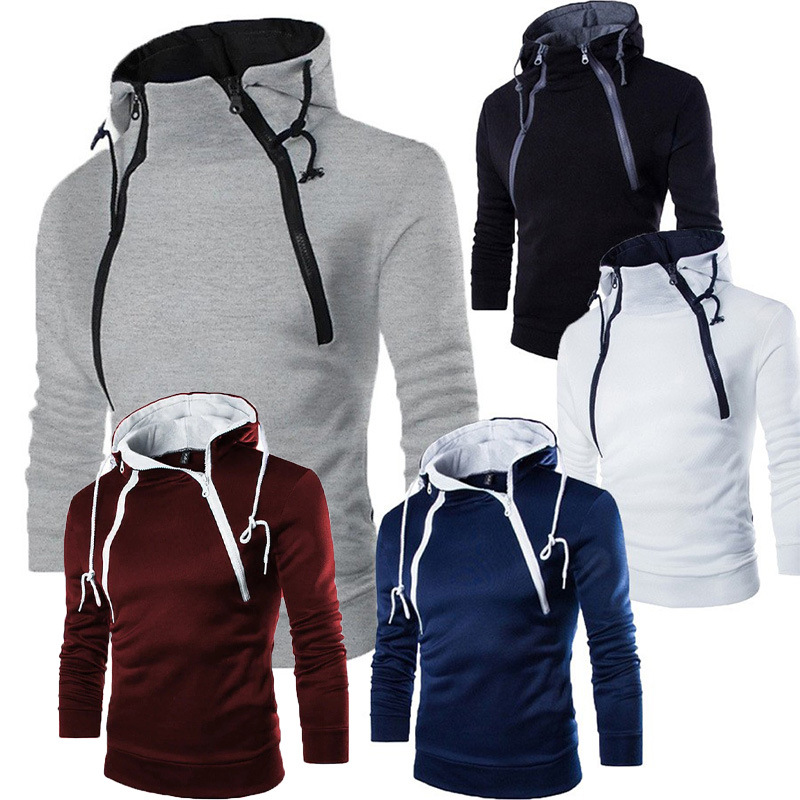 Ebay Hot Selling Spring & Fall New Fashion Double Zipper Placket Contrasting Color Hooded European Size Fleece Sweatshirt with Printable Logo