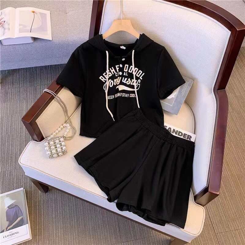 Explosive Casual Sports Suit Women's Summer Dress Western Style Fashionable Age-Reducing Chubby Girl Slimming Meat-Covering Short-Sleeved Shorts Two-Piece Set