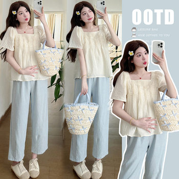 Pregnant Women's French Square Collar Design Short-sleeved Shirt Women's Two-piece 2025 Summer New Loose Puff Sleeve Top