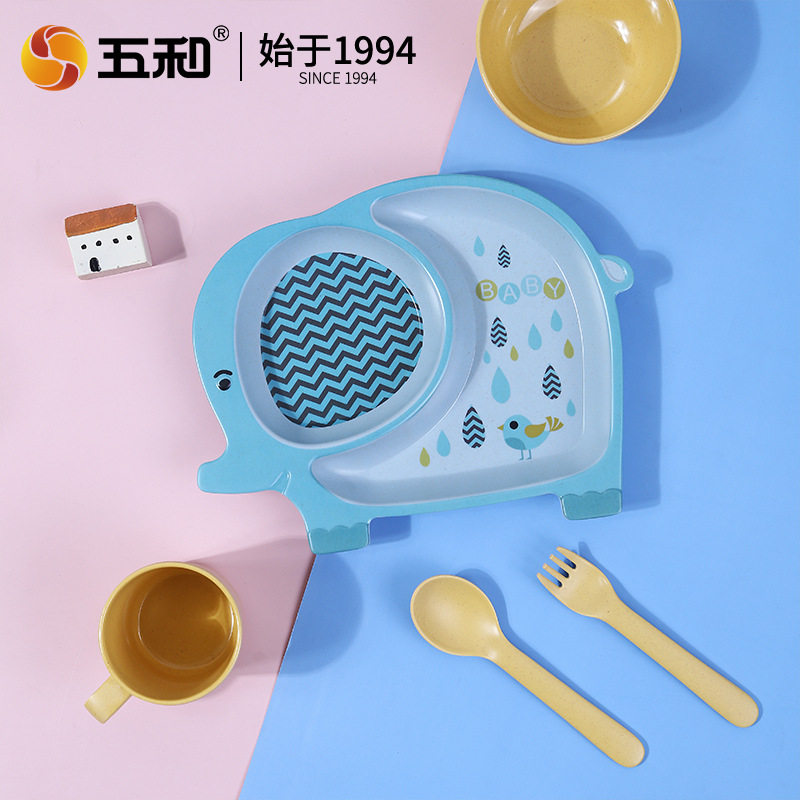 Factory direct bamboo fiber children's tableware creative compartment dinner plate complementary bowl children eat fall-resistant